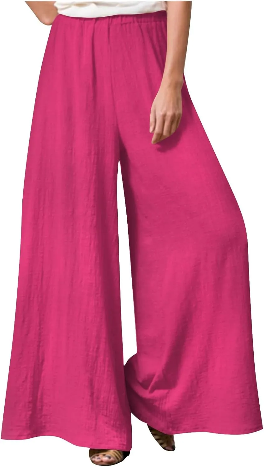 eoeioa Womens Summer Plus Size Wide Leg Pants Solid Elastic High Waist Lounge Trousers with Pockets Baggy Yoga Palazzo Pants