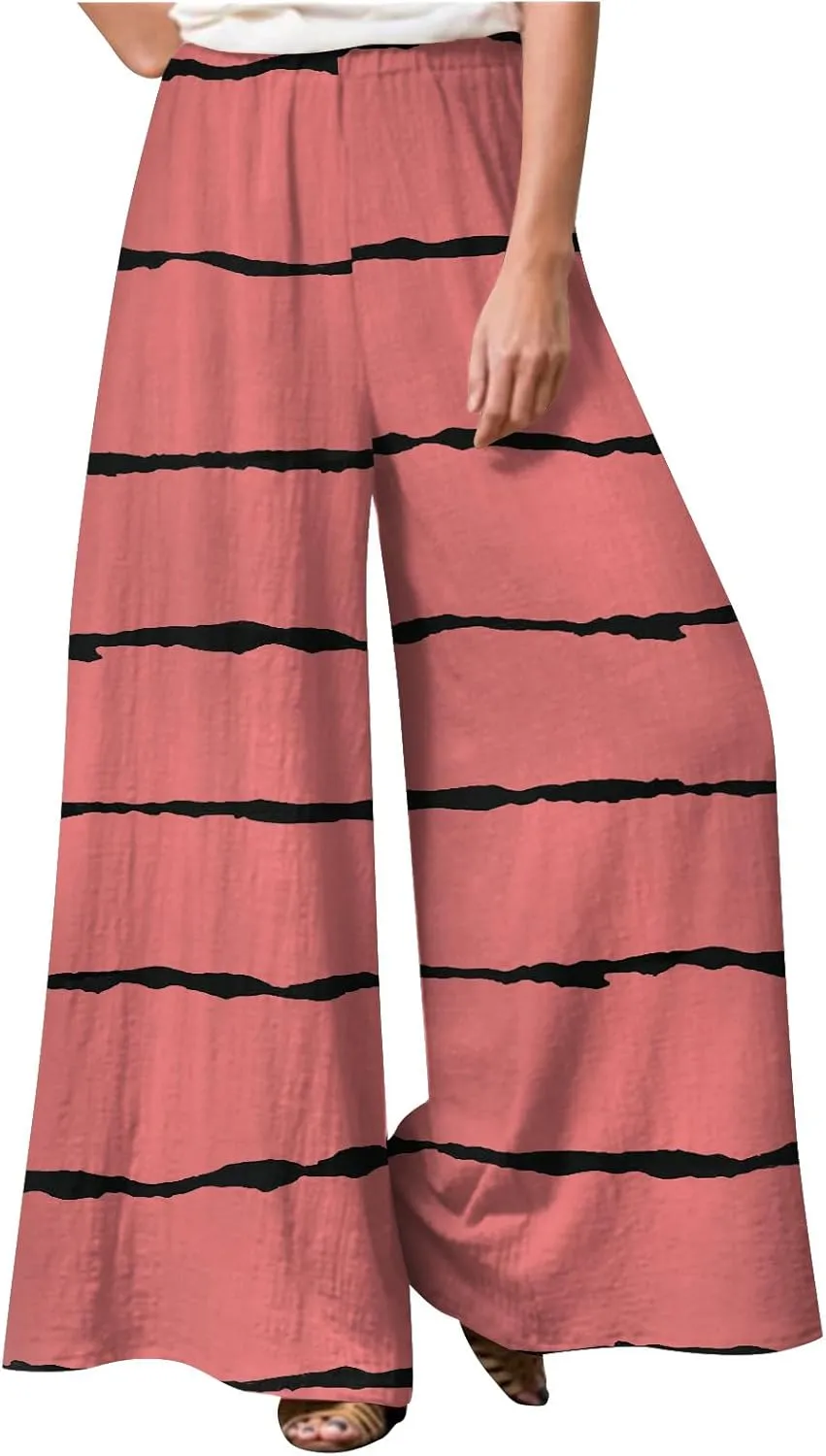 eoeioa Womens Summer Plus Size Wide Leg Pants Solid Elastic High Waist Lounge Trousers with Pockets Baggy Yoga Palazzo Pants