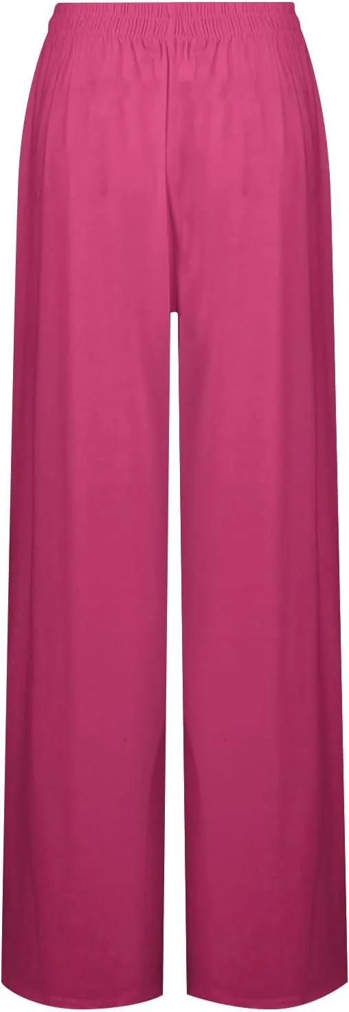 eoeioa Womens Summer Plus Size Wide Leg Pants Solid Elastic High Waist Lounge Trousers with Pockets Baggy Yoga Palazzo Pants