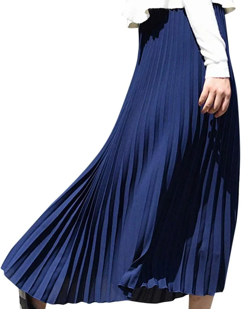 Falda Womens Solid Pleated Elegant Midi Elastic Waist Maxi Skirt