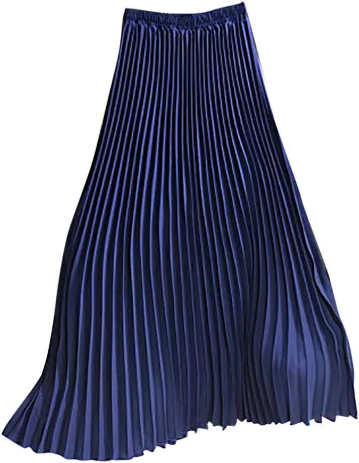 Falda Womens Solid Pleated Elegant Midi Elastic Waist Maxi Skirt