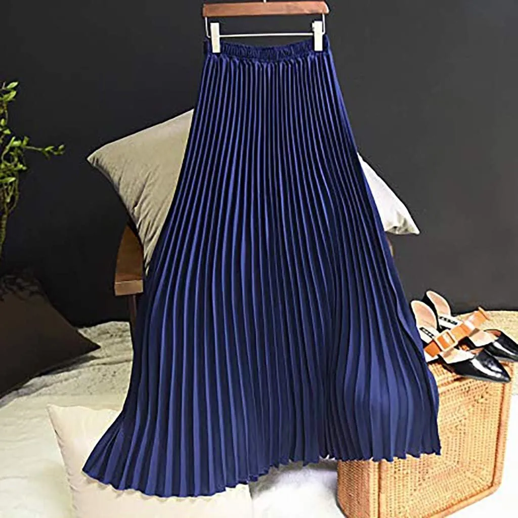 Falda Womens Solid Pleated Elegant Midi Elastic Waist Maxi Skirt