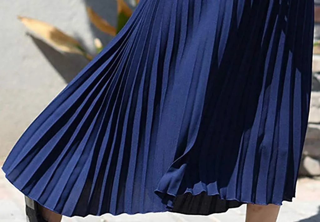 Falda Womens Solid Pleated Elegant Midi Elastic Waist Maxi Skirt