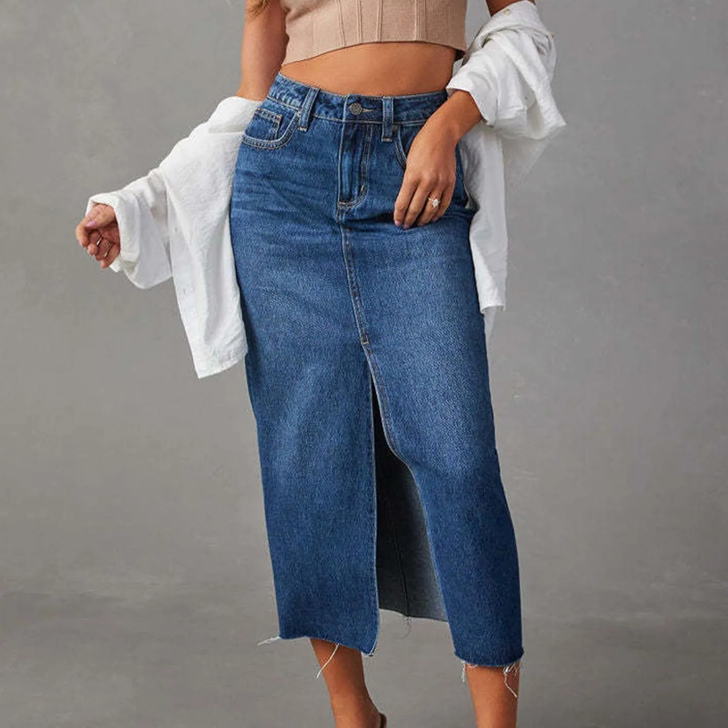 Fashion A-line Split Denim Skirt for Women Leisure High Waist Midi Skirts Comfortable Bodycon Going Out Skirts