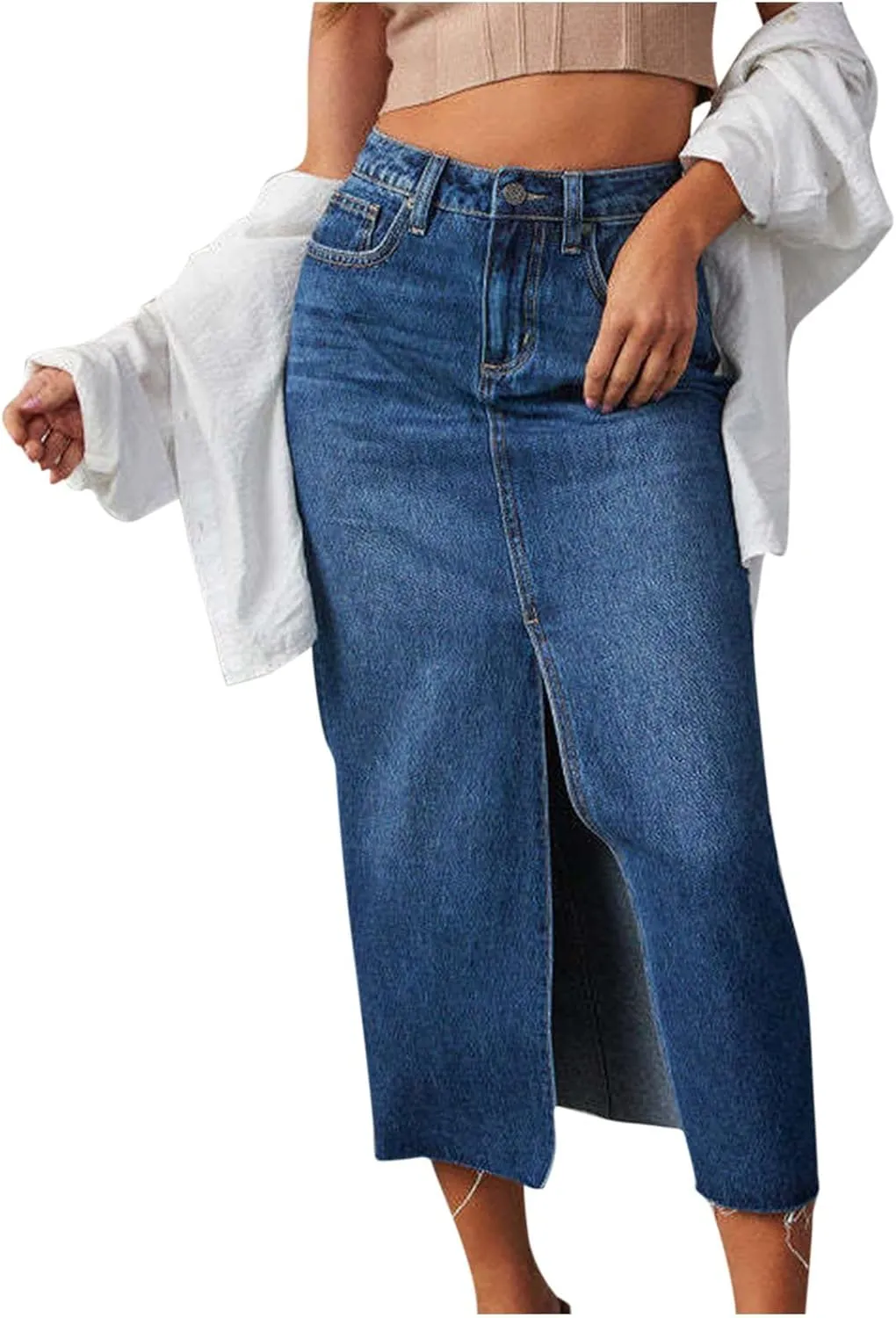 Fashion A-line Split Denim Skirt for Women Leisure High Waist Midi Skirts Comfortable Bodycon Going Out Skirts