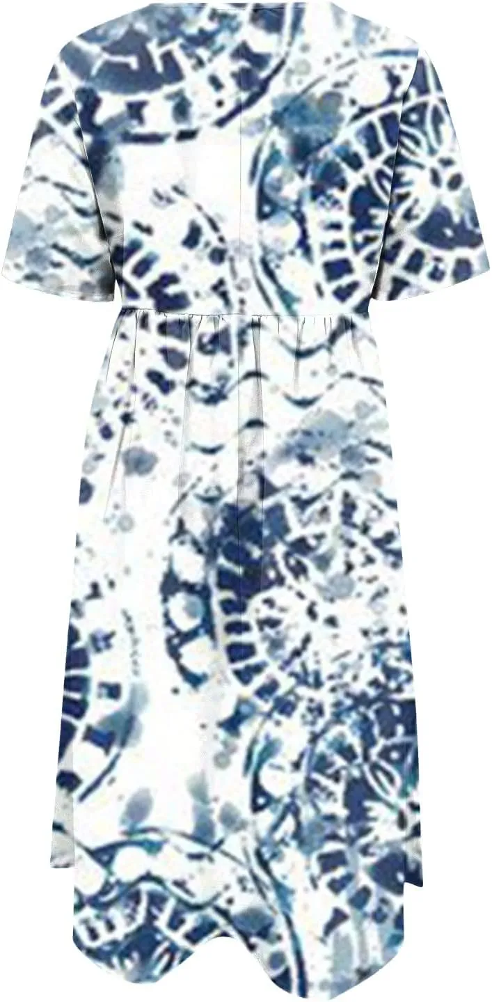 FlekmanArt Dresses for Women 2025 Printed Pleated Long Dress Pocket Short Sleeve Dresses Round Neck Loose Beach Dress