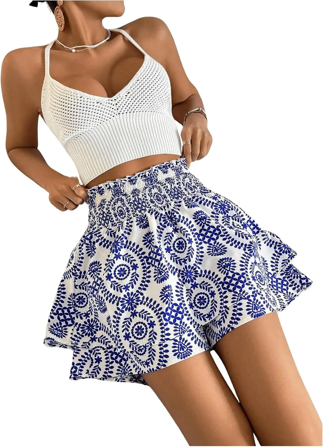 Floerns Women's All Over Print Paperbag Waist Tie Front Shirred Boho Skorts