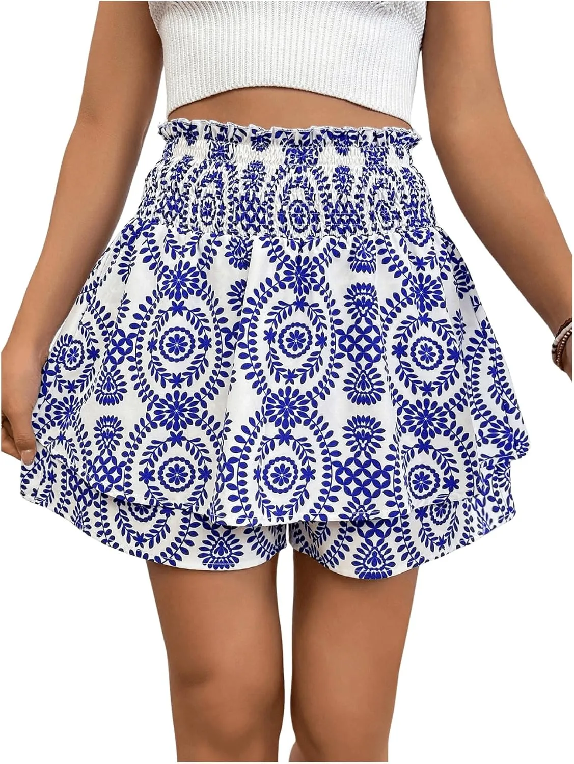 Floerns Women's All Over Print Paperbag Waist Tie Front Shirred Boho Skorts