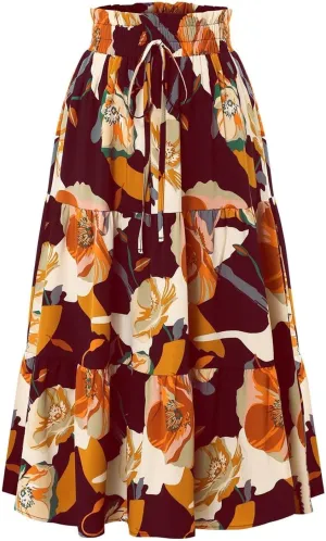 Floral Maxi Skirt for Women Summer Vacation A Line Flowy Swing Comfy Tiered Elastic High Waisted Long Skirts
