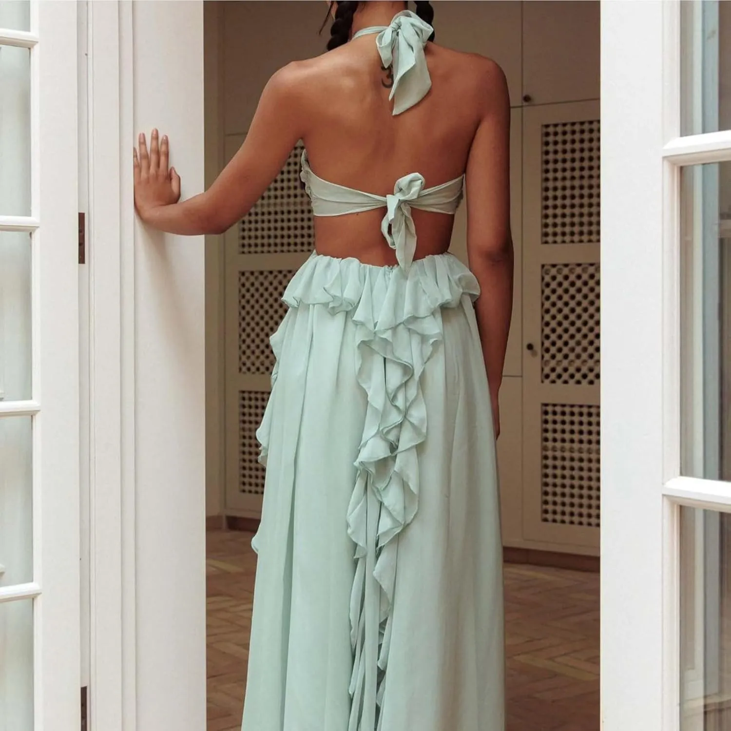 Flounce 3D Flower Maxi Dresses Sexy Backless Sleeveless Tube Hollow Out Cut Multiple Long Robe Summer Beachwear
