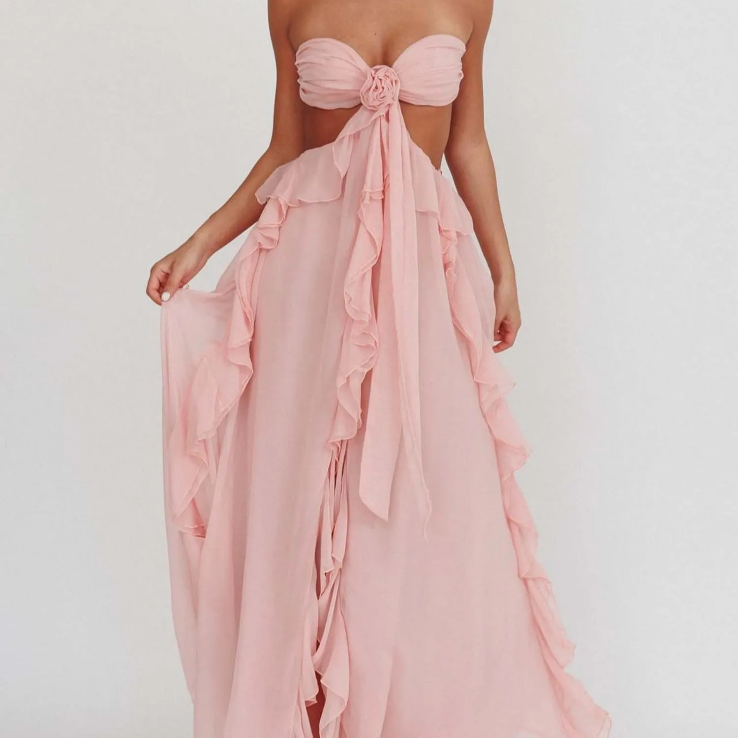 Flounce 3D Flower Maxi Dresses Sexy Backless Sleeveless Tube Hollow Out Cut Multiple Long Robe Summer Beachwear