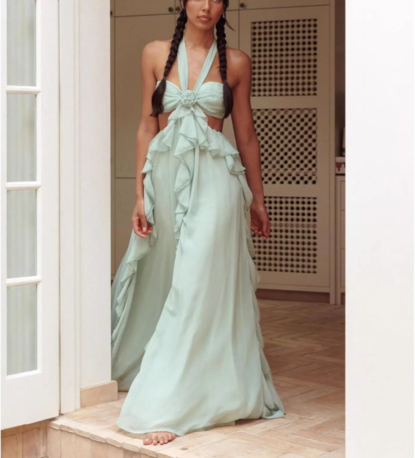 Flounce 3D Flower Maxi Dresses Sexy Backless Sleeveless Tube Hollow Out Cut Multiple Long Robe Summer Beachwear