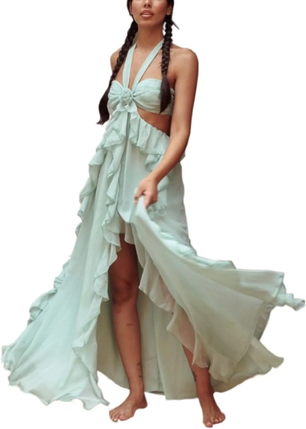 Flounce 3D Flower Maxi Dresses Sexy Backless Sleeveless Tube Hollow Out Cut Multiple Long Robe Summer Beachwear