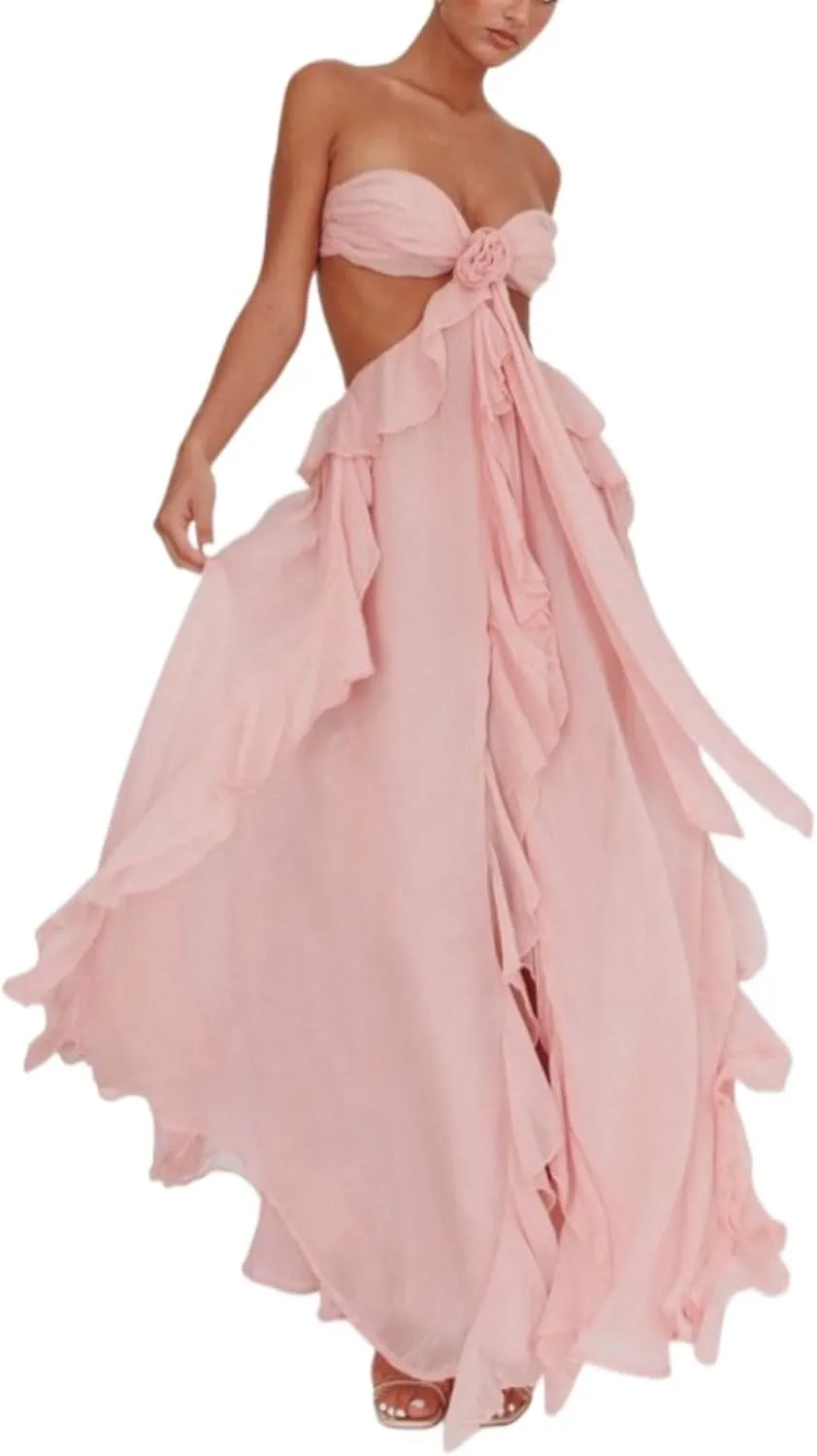 Flounce 3D Flower Maxi Dresses Sexy Backless Sleeveless Tube Hollow Out Cut Multiple Long Robe Summer Beachwear
