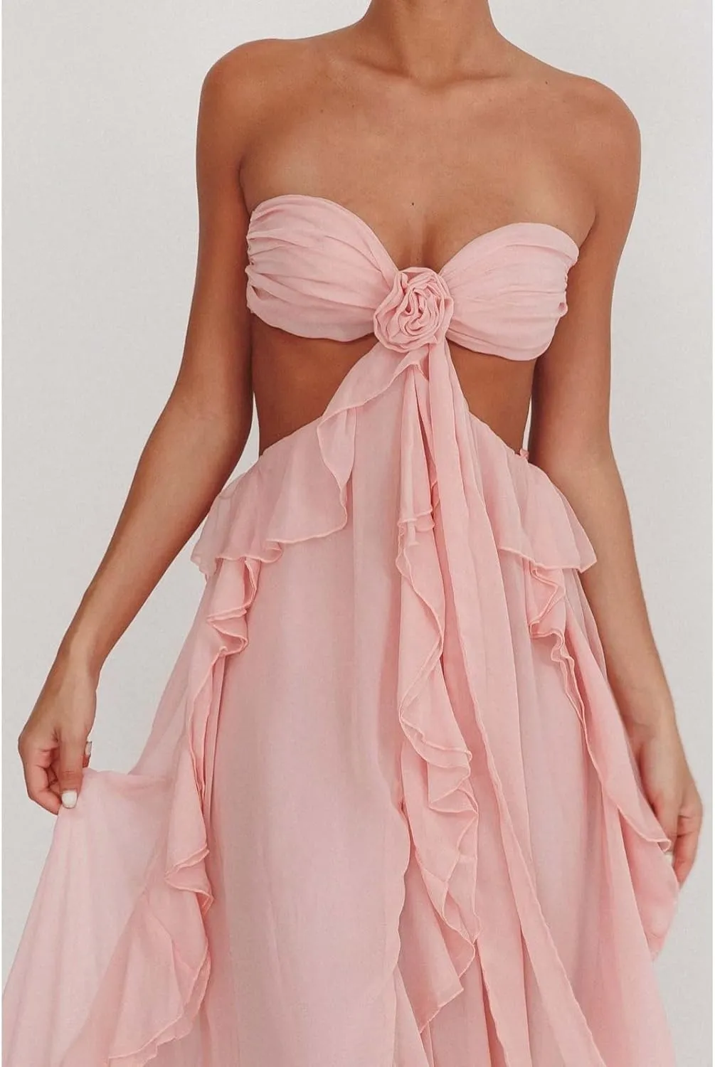 Flounce 3D Flower Maxi Dresses Sexy Backless Sleeveless Tube Hollow Out Cut Multiple Long Robe Summer Beachwear