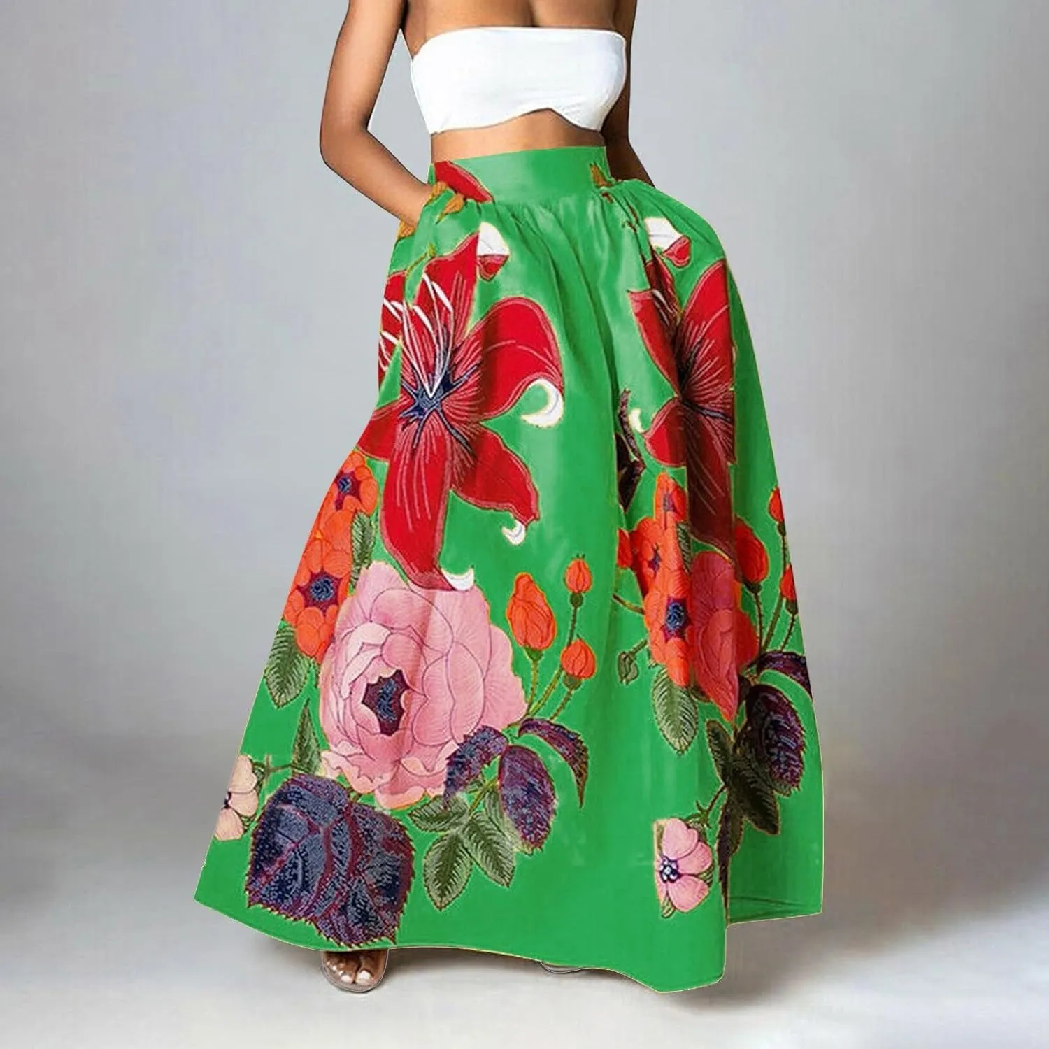 Flowy Boho Floral Printed Maxi Skirt for Women High Waisted A Line Long Skirts with Pockets Plus Size Swing Beach Dress