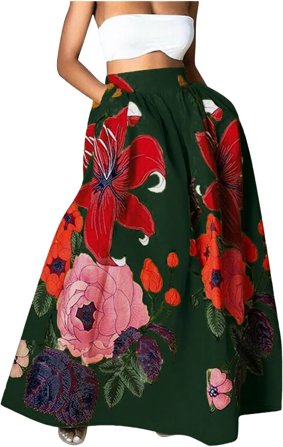 Flowy Boho Floral Printed Maxi Skirt for Women High Waisted A Line Long Skirts with Pockets Plus Size Swing Beach Dress