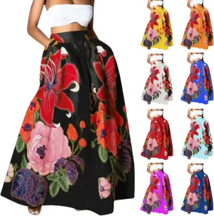 Flowy Boho Floral Printed Maxi Skirt for Women High Waisted A Line Long Skirts with Pockets Plus Size Swing Beach Dress