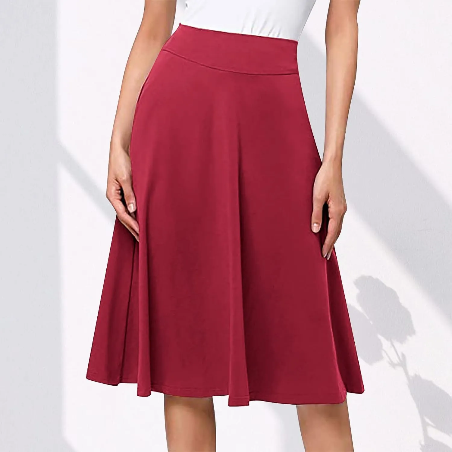 Flowy Midi Skirt for Women High Waist A Line Skater Skirts Elegant Casual Solid Color Workwear