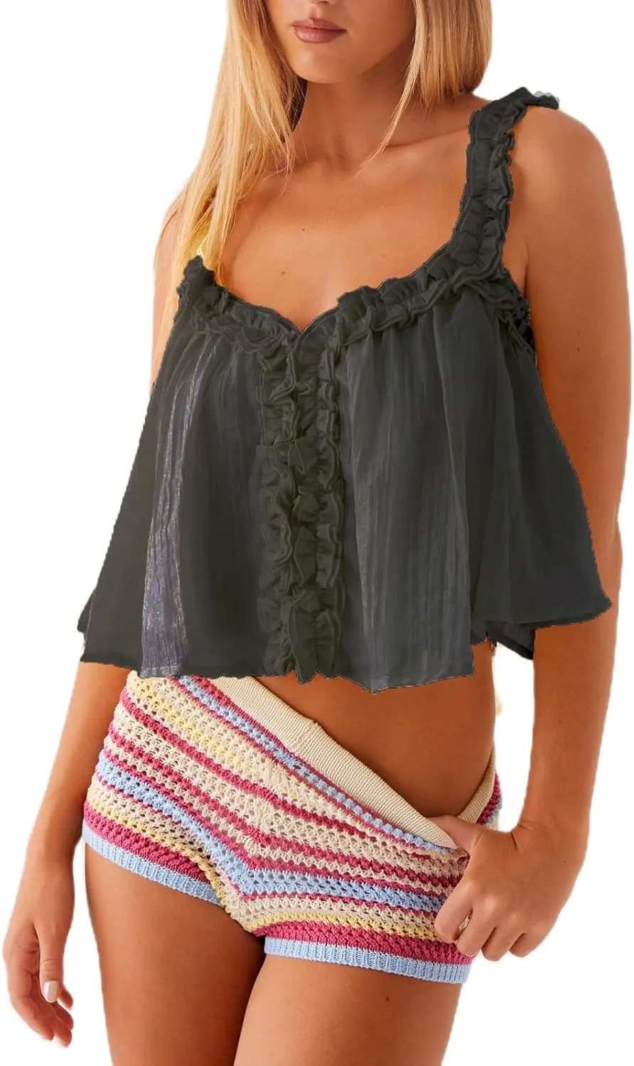 Flowy Ruffle Trim Babydoll Tops for Women Cute Spaghetti Strap Backless Crop Tank Top Y2k V Neck Sleeveless Cami Tops