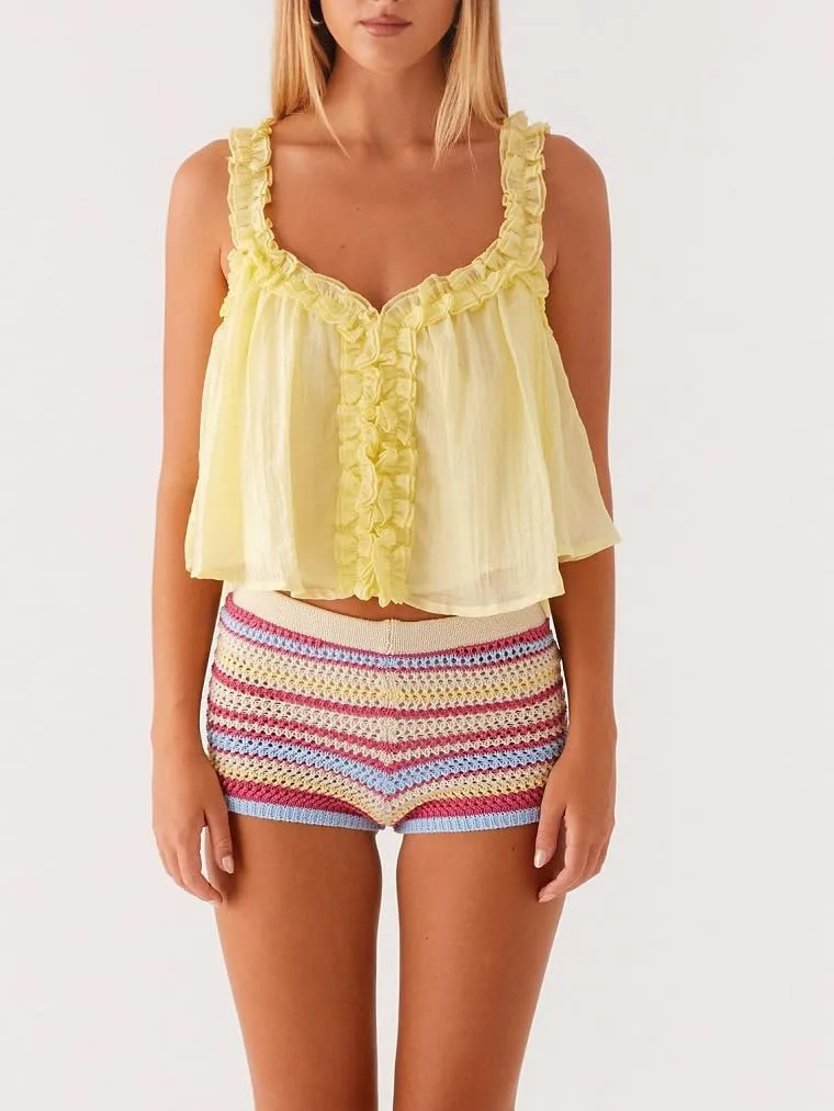 Flowy Ruffle Trim Babydoll Tops for Women Cute Spaghetti Strap Backless Crop Tank Top Y2k V Neck Sleeveless Cami Tops