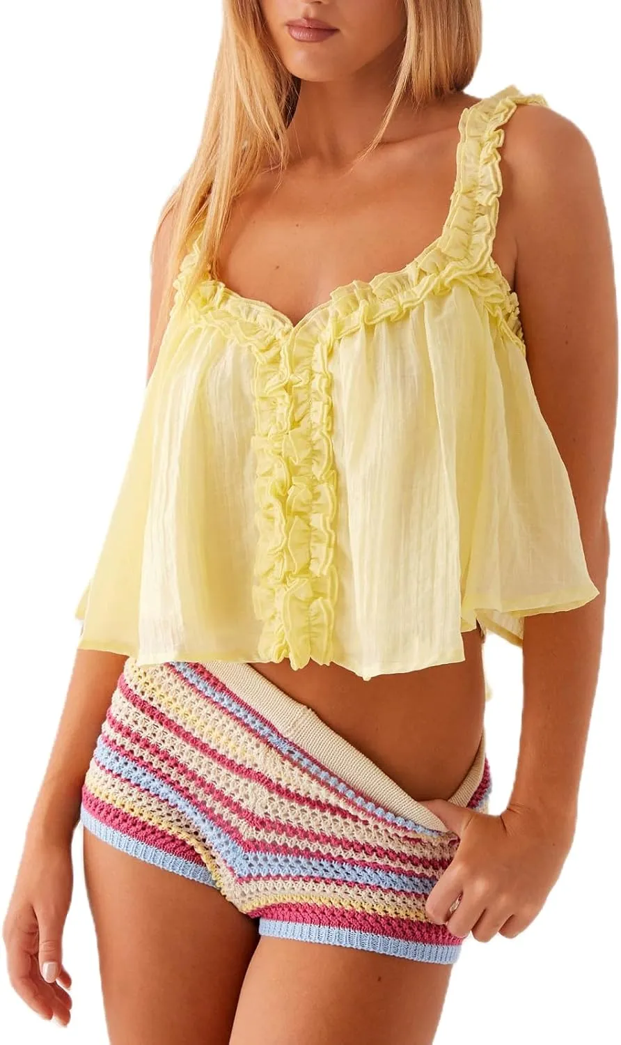 Flowy Ruffle Trim Babydoll Tops for Women Cute Spaghetti Strap Backless Crop Tank Top Y2k V Neck Sleeveless Cami Tops