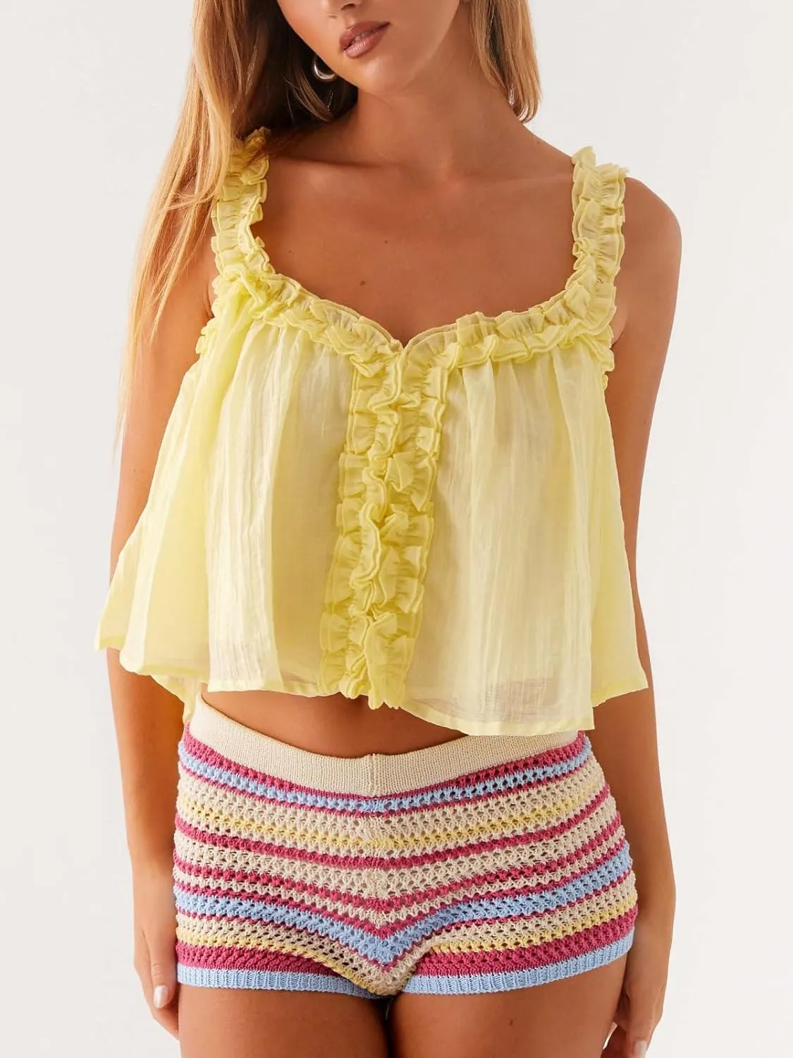 Flowy Ruffle Trim Babydoll Tops for Women Cute Spaghetti Strap Backless Crop Tank Top Y2k V Neck Sleeveless Cami Tops