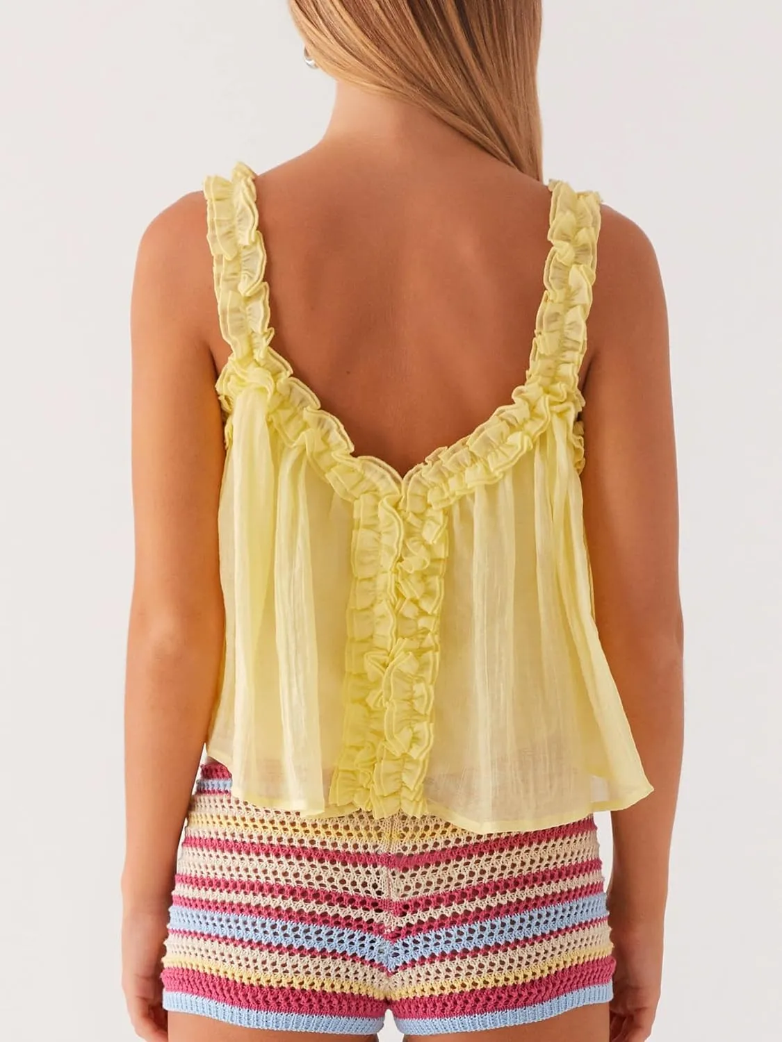 Flowy Ruffle Trim Babydoll Tops for Women Cute Spaghetti Strap Backless Crop Tank Top Y2k V Neck Sleeveless Cami Tops
