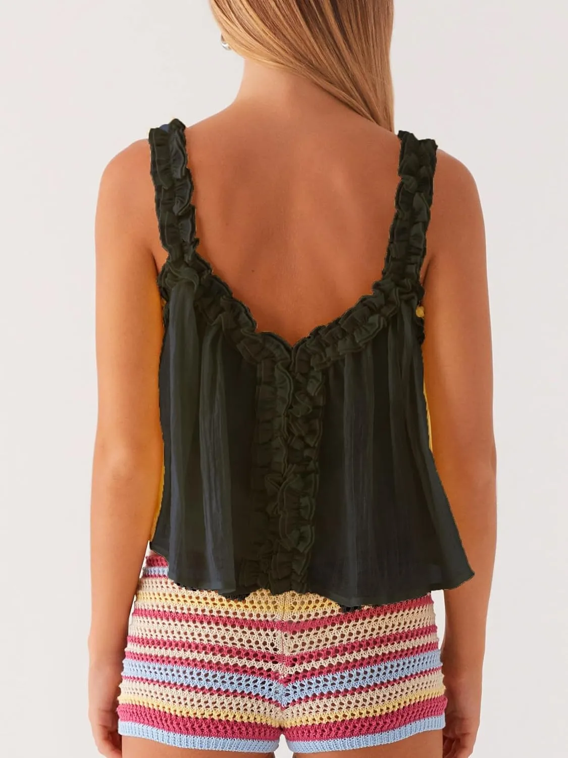 Flowy Ruffle Trim Babydoll Tops for Women Cute Spaghetti Strap Backless Crop Tank Top Y2k V Neck Sleeveless Cami Tops