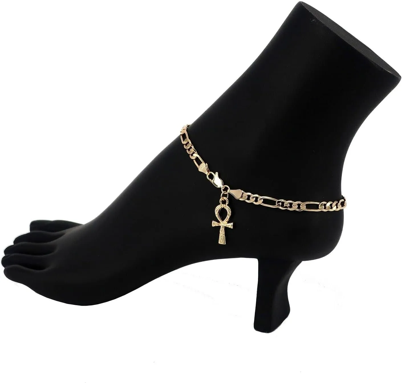 For 10" Figaro Chain Anklet Bracelet Ankh Charm Ankle Bracelet 14k Gold Plated Model-SRT-20