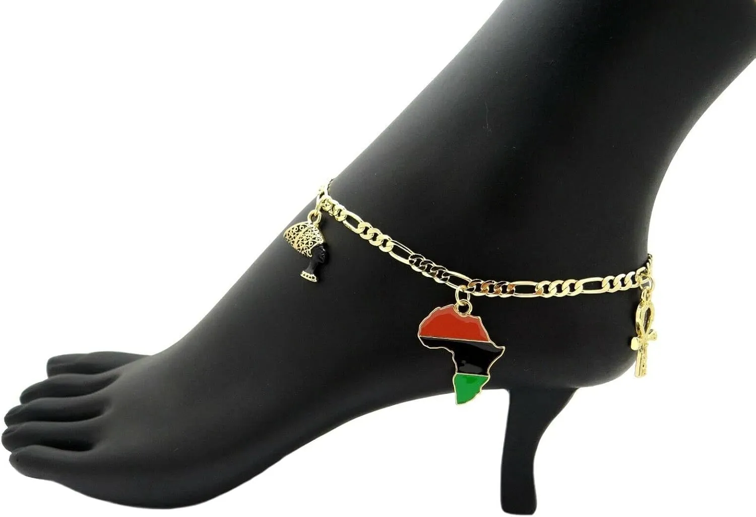 For 5mm 10" FIGARO CHAIN QUEEN NEFERTITI, AFRICA, ANKH CHARM ANKLE ANKLET BRACELET Model-SRT-253