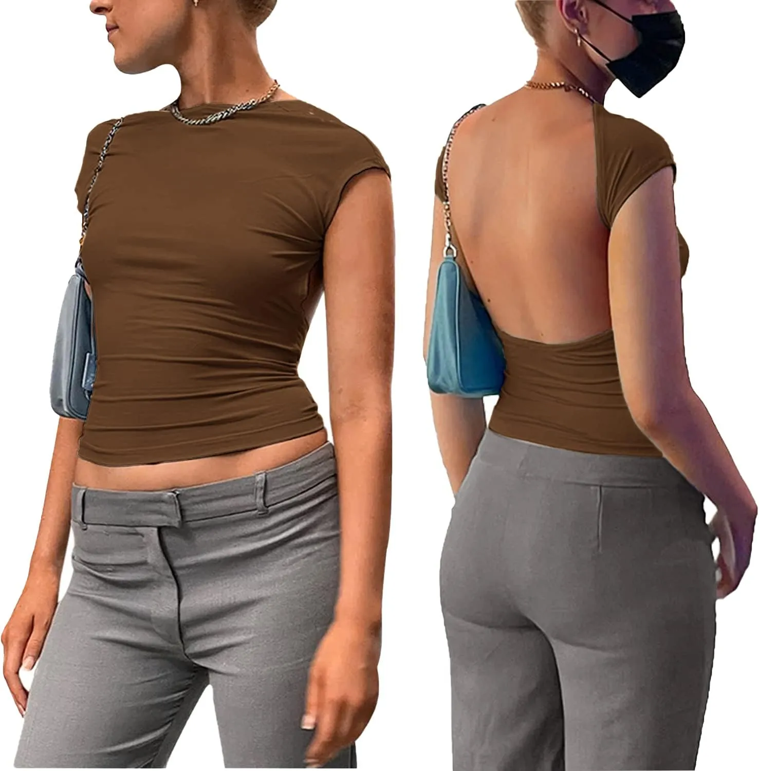 ForeFair Women Sexy Backless Short Sleeve Slim Fit Crewneck Summer Casual Y2K Crop Tee