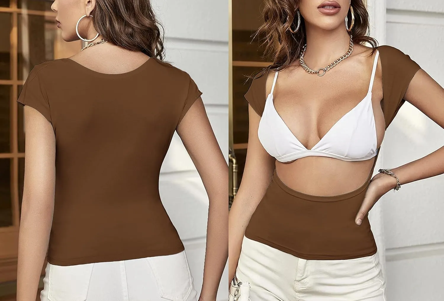 ForeFair Women Sexy Backless Short Sleeve Slim Fit Crewneck Summer Casual Y2K Crop Tee