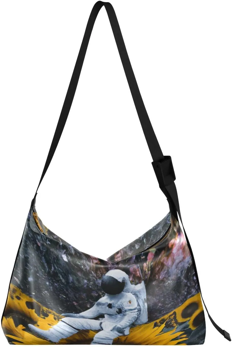 Funny Astronaut Sunflower Hobo Crossbody Bags for Women Leather Large Shoulder Bag Cross Body Galaxy Floral Field Trendy Womens Tote Bags Handbag for Travel Shopping