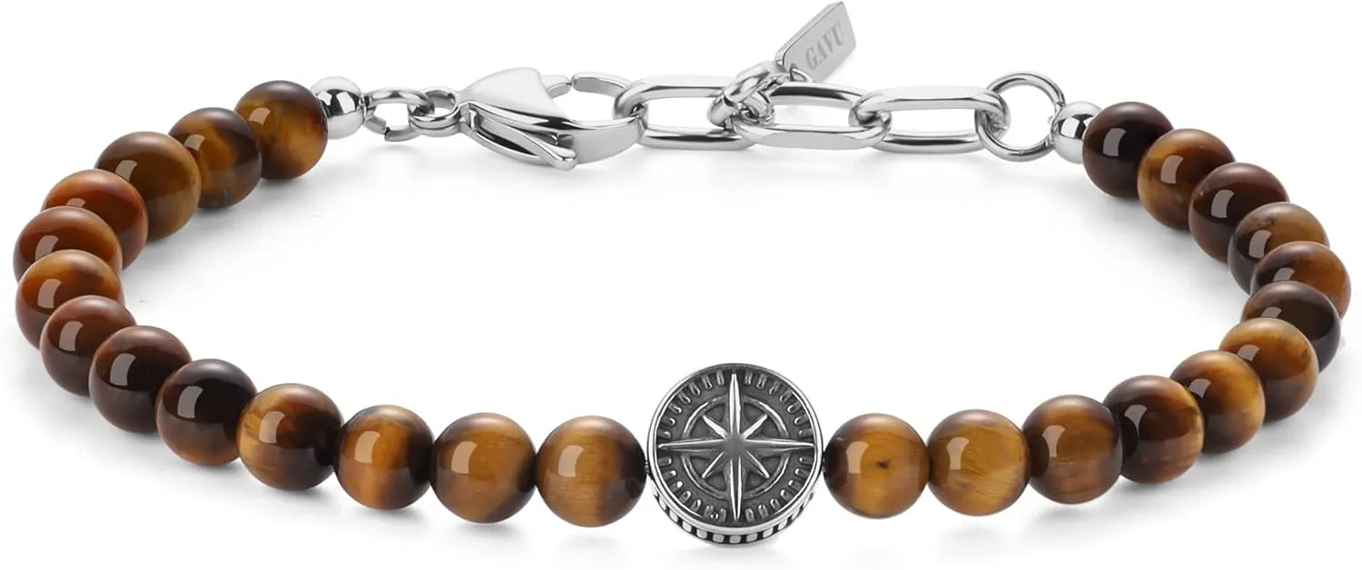GAVU Men's Compass Bracelet - Tiger Eye, Onyx, Shell Pearl Beaded Bracelet for Men