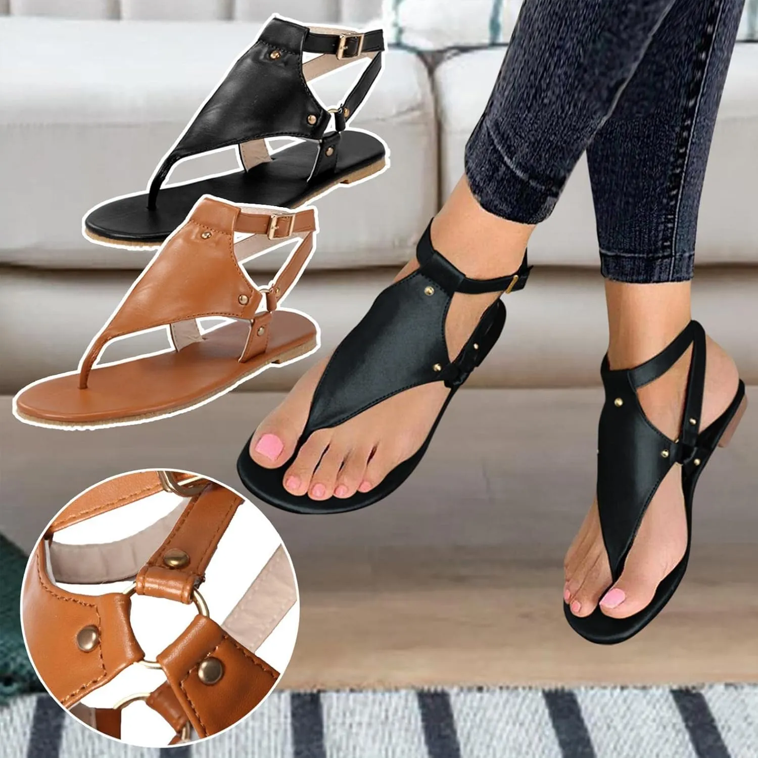 Gibobby Sandals for Women Flat Casual Summer Buckle Ankle Strap Fashion Sandals Thong Open Toe Flip Flop Women Sandals