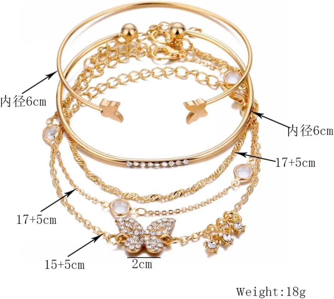 GIGB PBDK Boho Layered Gold Butterfly Bracelet for Women, Chunky Chain Link Bracelet Cz Rhinestone Bangles Set Crystal Bracelets Jewelry Gifts for Her
