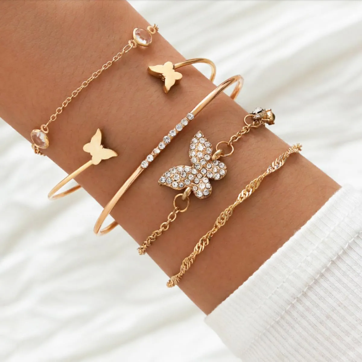 GIGB PBDK Boho Layered Gold Butterfly Bracelet for Women, Chunky Chain Link Bracelet Cz Rhinestone Bangles Set Crystal Bracelets Jewelry Gifts for Her