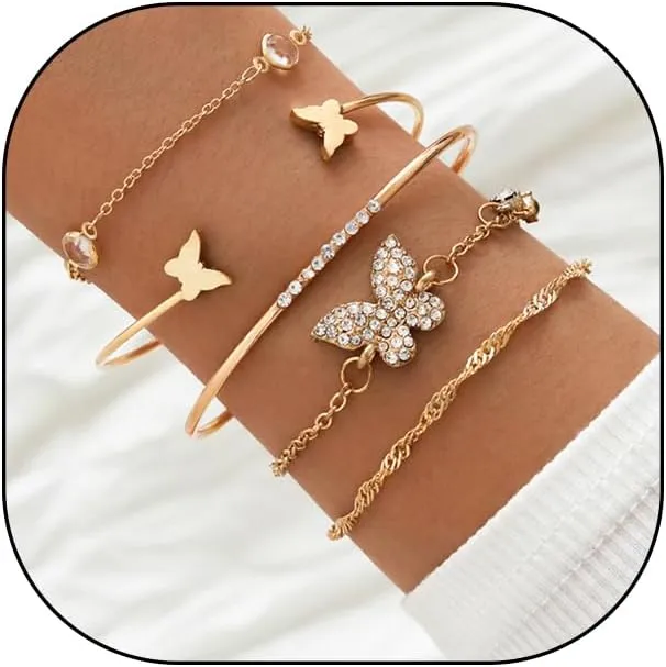 GIGB PBDK Boho Layered Gold Butterfly Bracelet for Women, Chunky Chain Link Bracelet Cz Rhinestone Bangles Set Crystal Bracelets Jewelry Gifts for Her