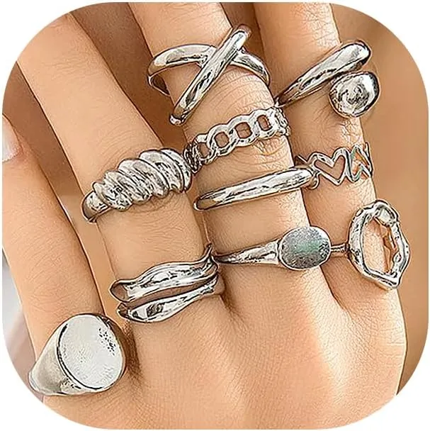GIGB PBDK Gold Chunky Stackable Rings Set,Silver Layered Adjustable Knuckle Ring for Women,Simple Croissant Demo Signet Band Statement Ring