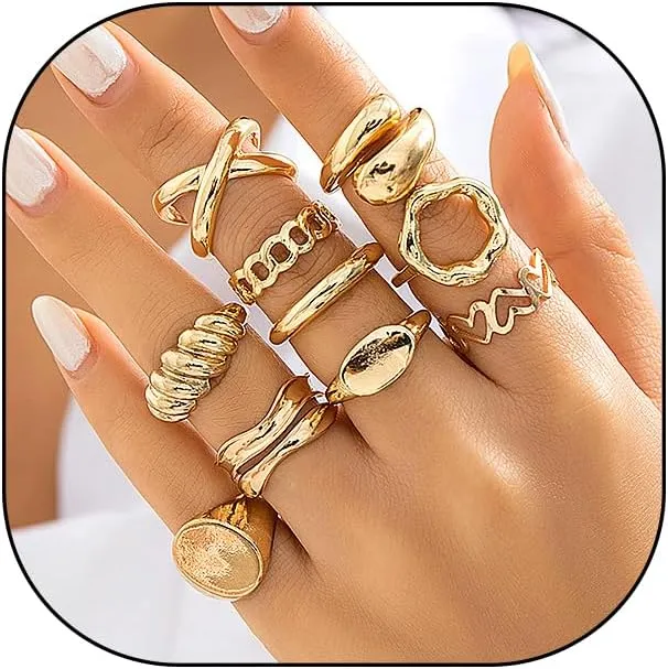 GIGB PBDK Gold Chunky Stackable Rings Set,Silver Layered Adjustable Knuckle Ring for Women,Simple Croissant Demo Signet Band Statement Ring