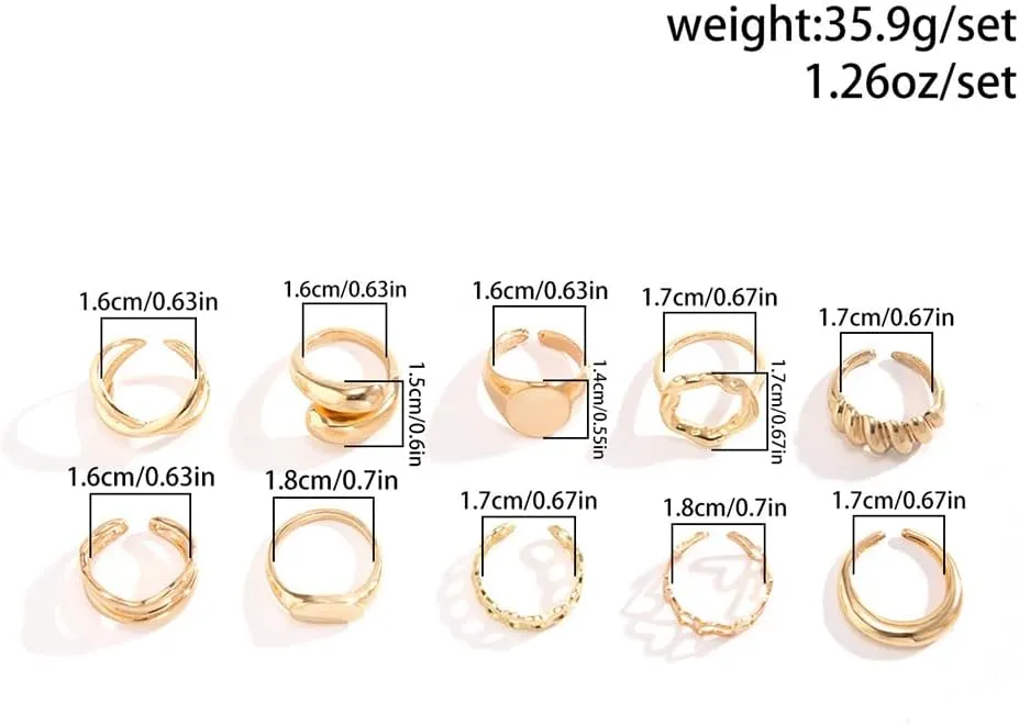 GIGB PBDK Gold Chunky Stackable Rings Set,Silver Layered Adjustable Knuckle Ring for Women,Simple Croissant Demo Signet Band Statement Ring