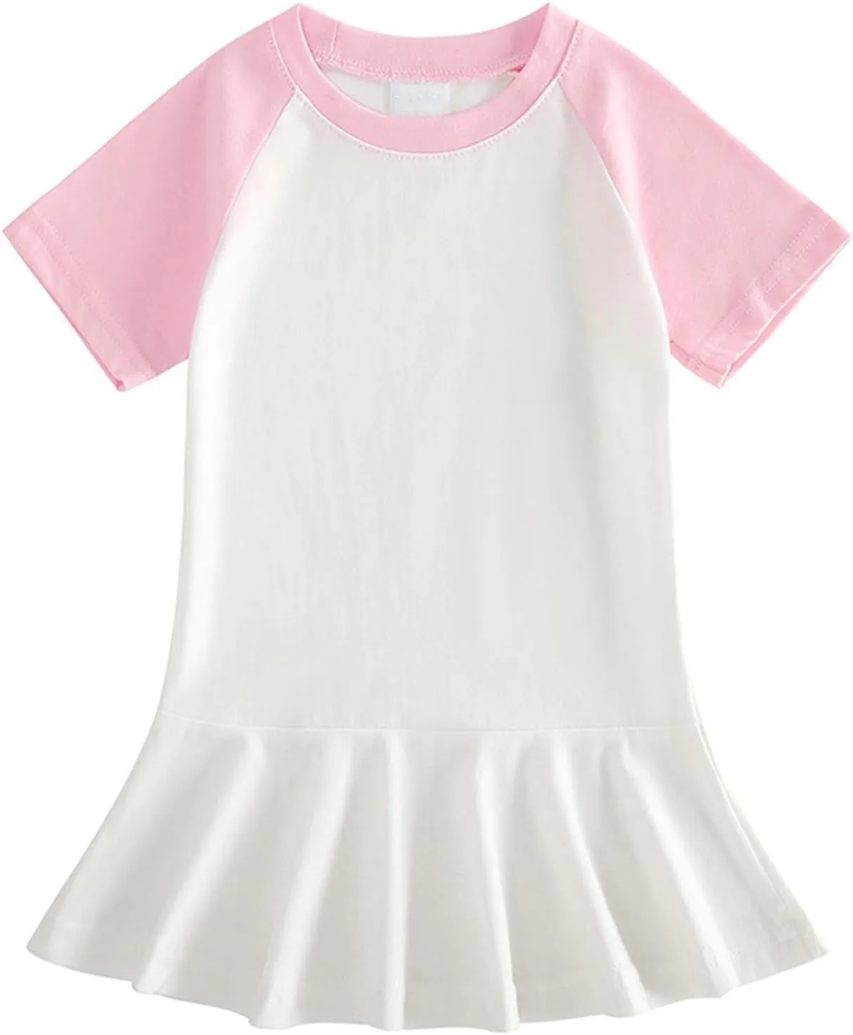 Girls Color Block Pleated Dress Summer Casual Loose A-Line Mini Dress Short Sleeve Round Neck Cute Beach Sundress