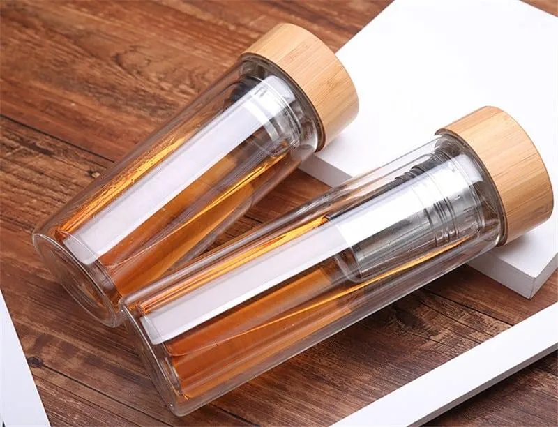 Glass Water Bottle with Tea Infuser and Bamboo Lid