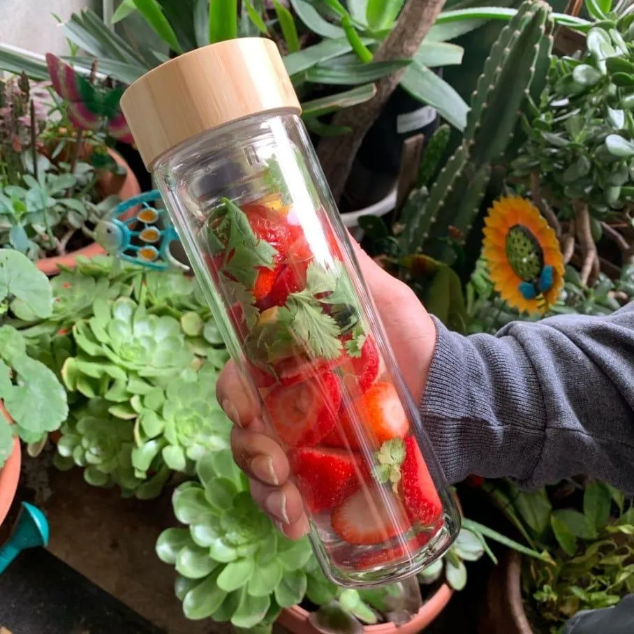 Glass Water Bottle with Tea Infuser and Bamboo Lid