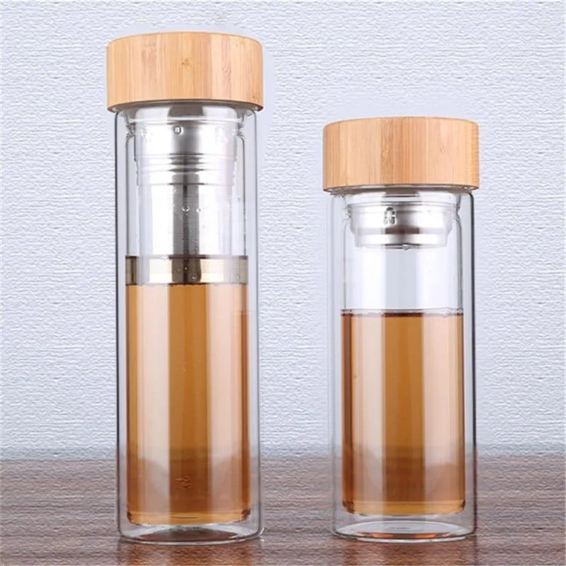 Glass Water Bottle with Tea Infuser and Bamboo Lid