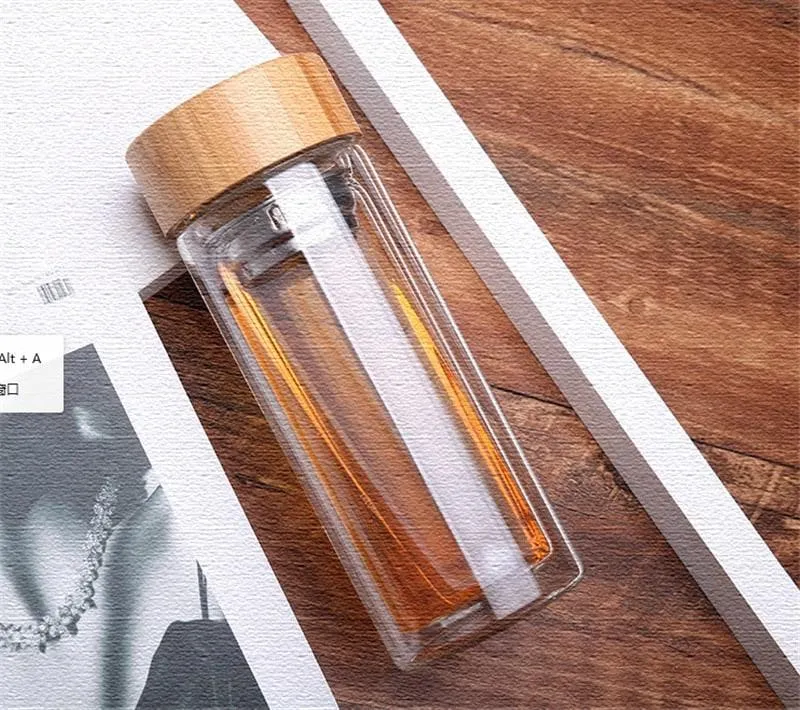 Glass Water Bottle with Tea Infuser and Bamboo Lid