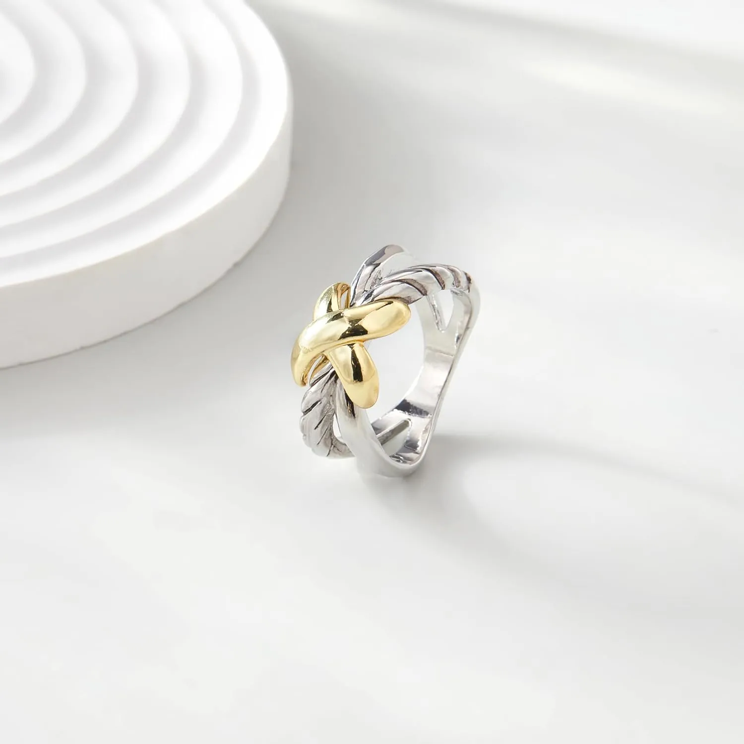 Gold and Silver Rings Cable Cross - Two Tone Ring Vintage Intertwined - Gold Statement Rings for Women Cocktail Jewelry Gifts
