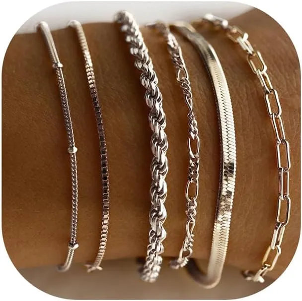 Gold Bangle Cuff Bracelets Set for Women,14K Gold Plated Stackable Bracelets for Women,Dainty Adjustable Bangle Paperclip Snake Cuban Link Chain Bracelets for Women