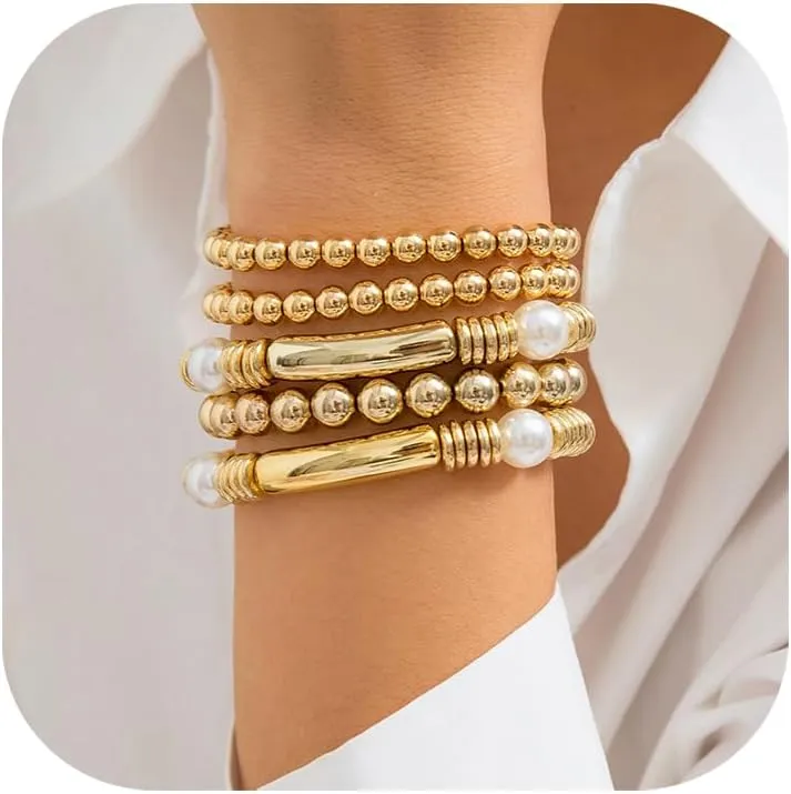 Gold Beaded Bracelet for Women Stackable Pearl Beads Bracelet Chunky Gold Bangle Stretch Tube Bead Bracelet Dainty Ball Bracelet for Women